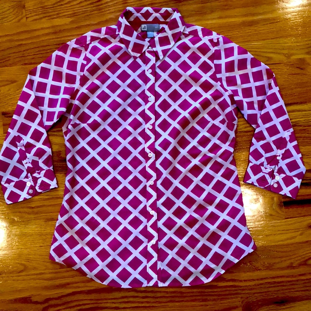 JCP pink/ white lattice silk blend blouse size small